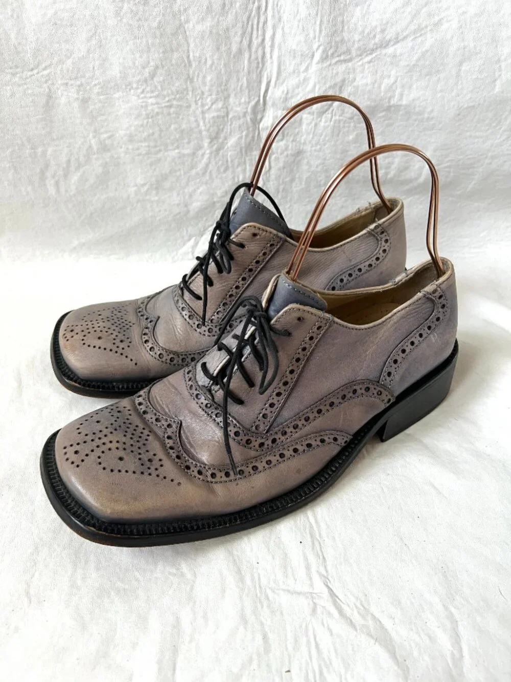Wingtip shoes blue beige leather square toe mens EU 43 chunky brogues unique